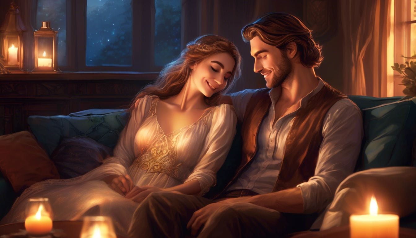 A couple sits closely on a cozy sofa, holding hands and looking at each other lovingly in a warm living room.