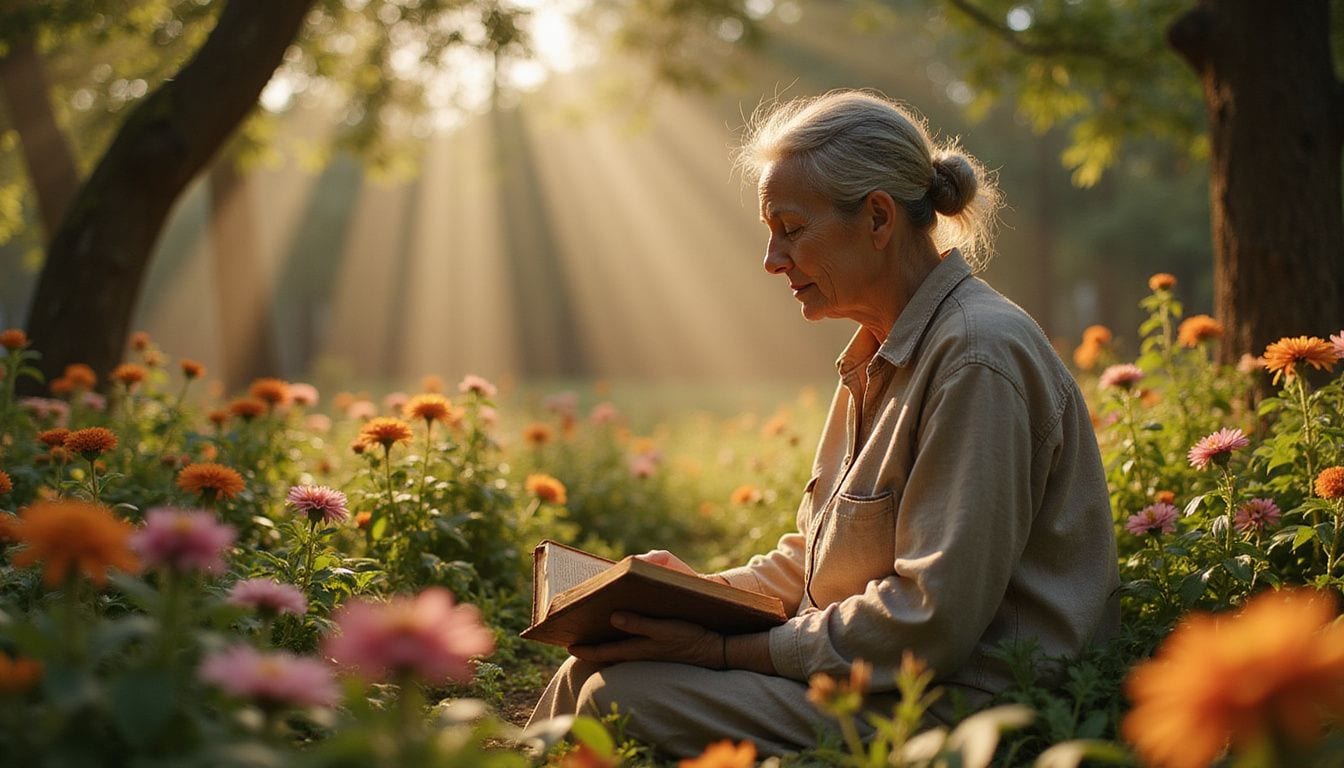 An elderly woman meditates peacefully in a vibrant, blooming garden.