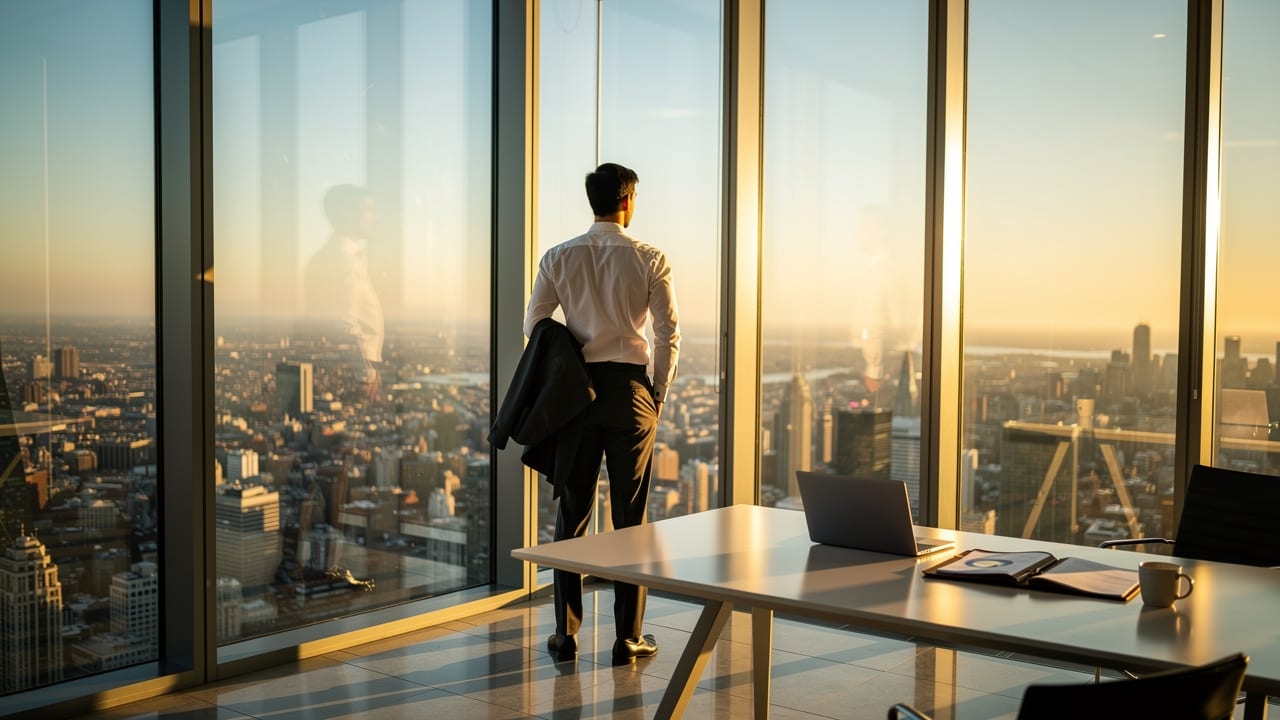 Professional standing at office window overlooking city at sunrise