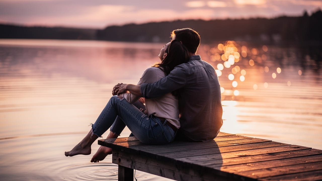 Couple sitting on dock at sunset representing love and connection