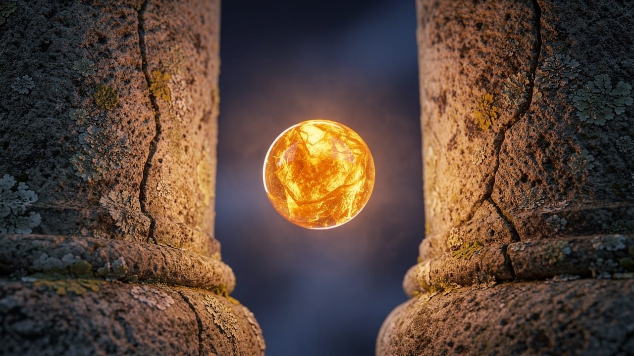Two stone pillars with glowing orb symbolizing balanced spiritual energy