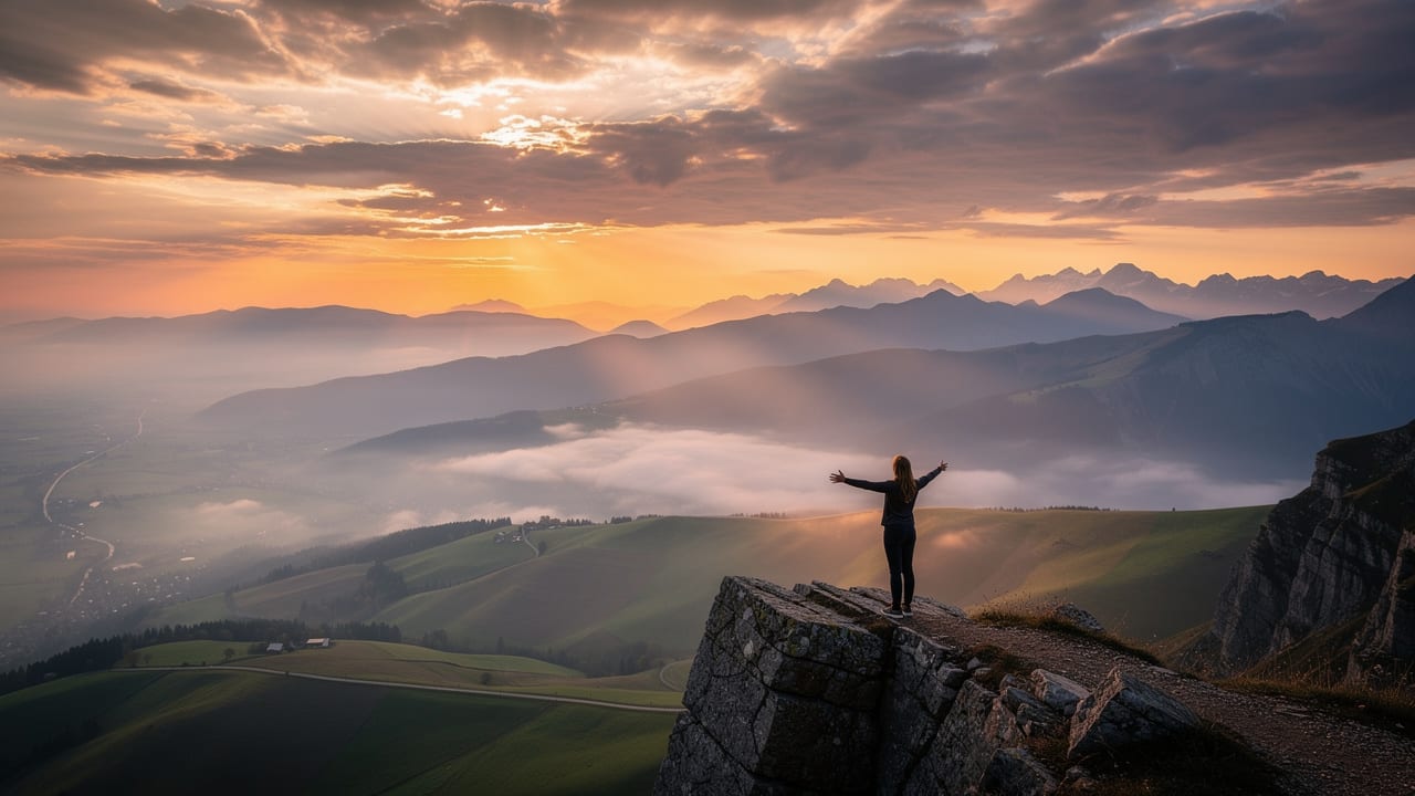 Person standing on mountain cliff overlooking misty valley at golden hour