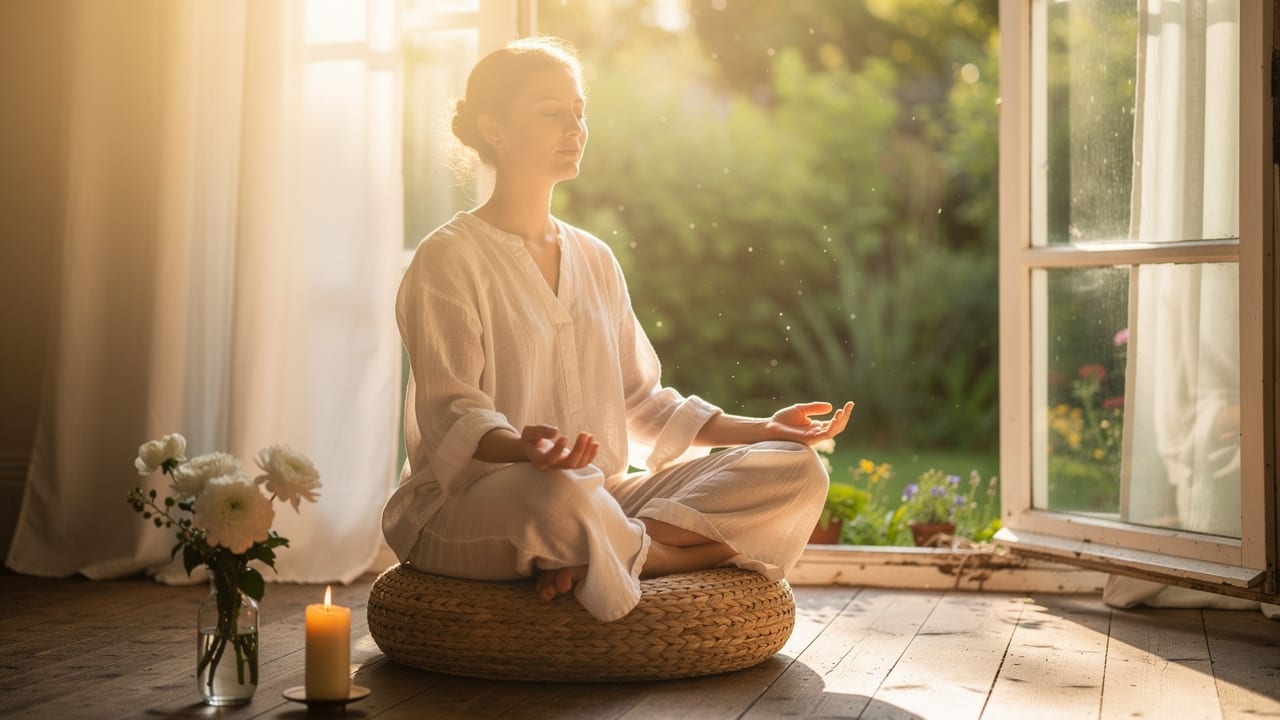 Person meditating in sunlit room with peaceful spiritual atmosphere