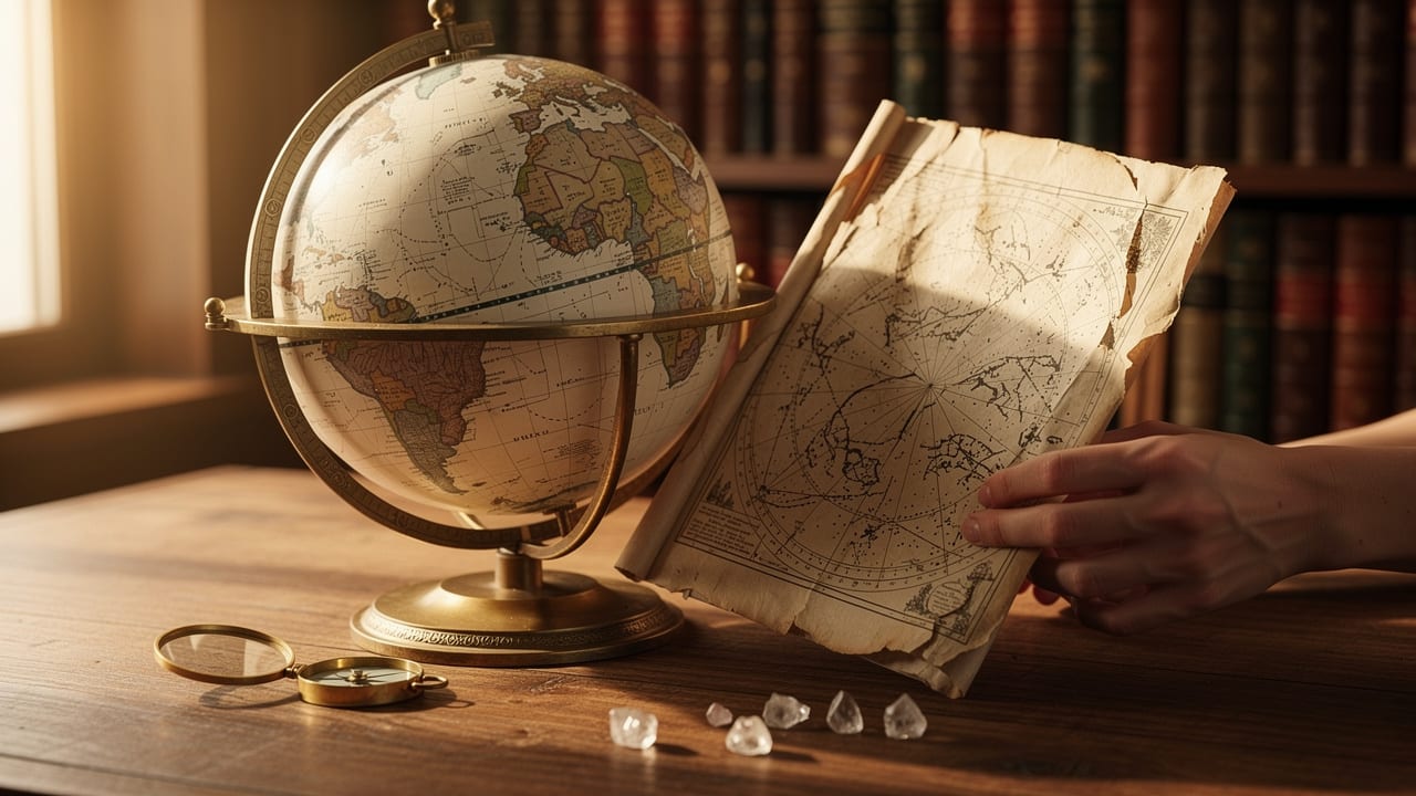 Hands holding celestial globe and vintage star map