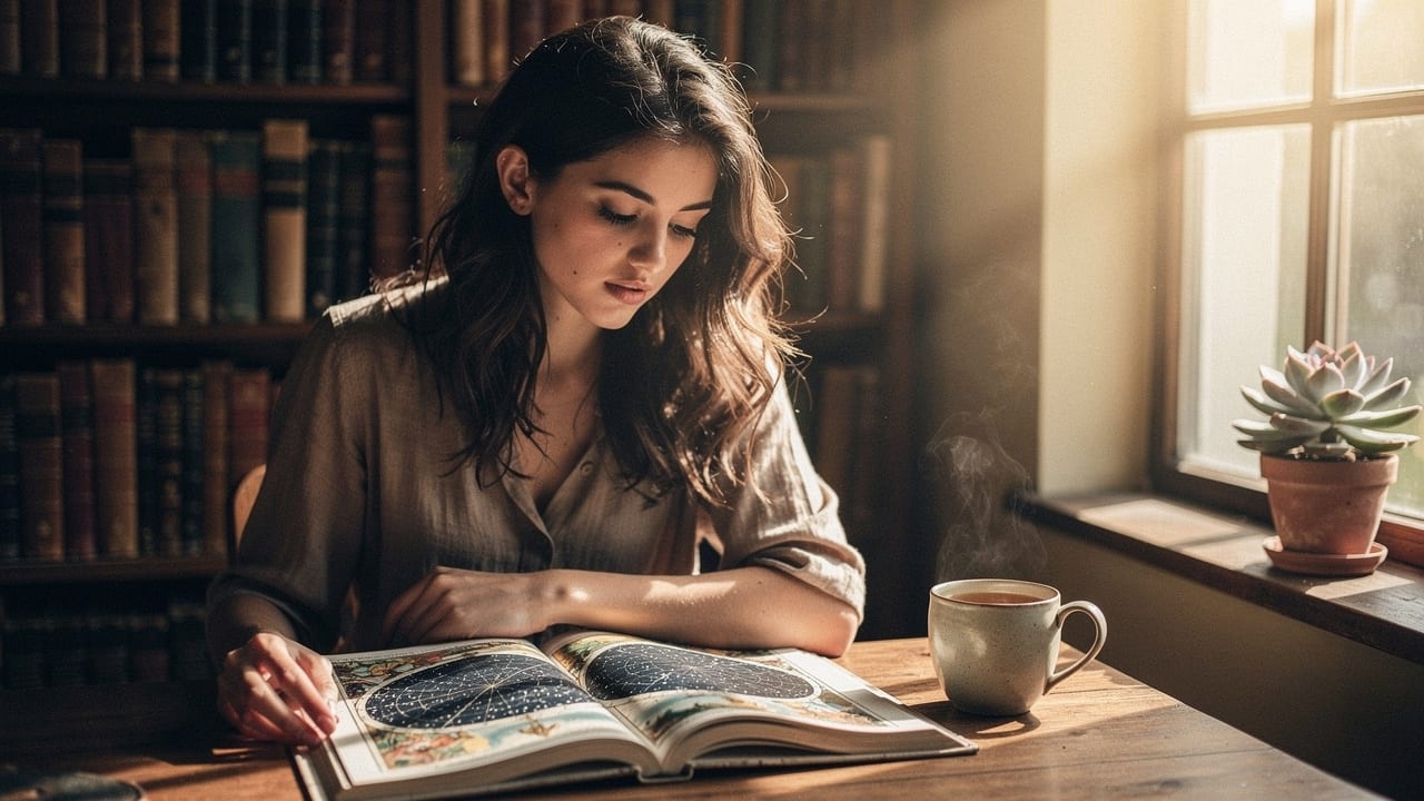 Woman studying astrology and numerology charts at desk