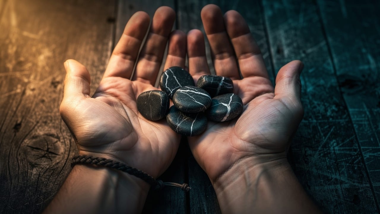 Two open palms with karmic stones between them