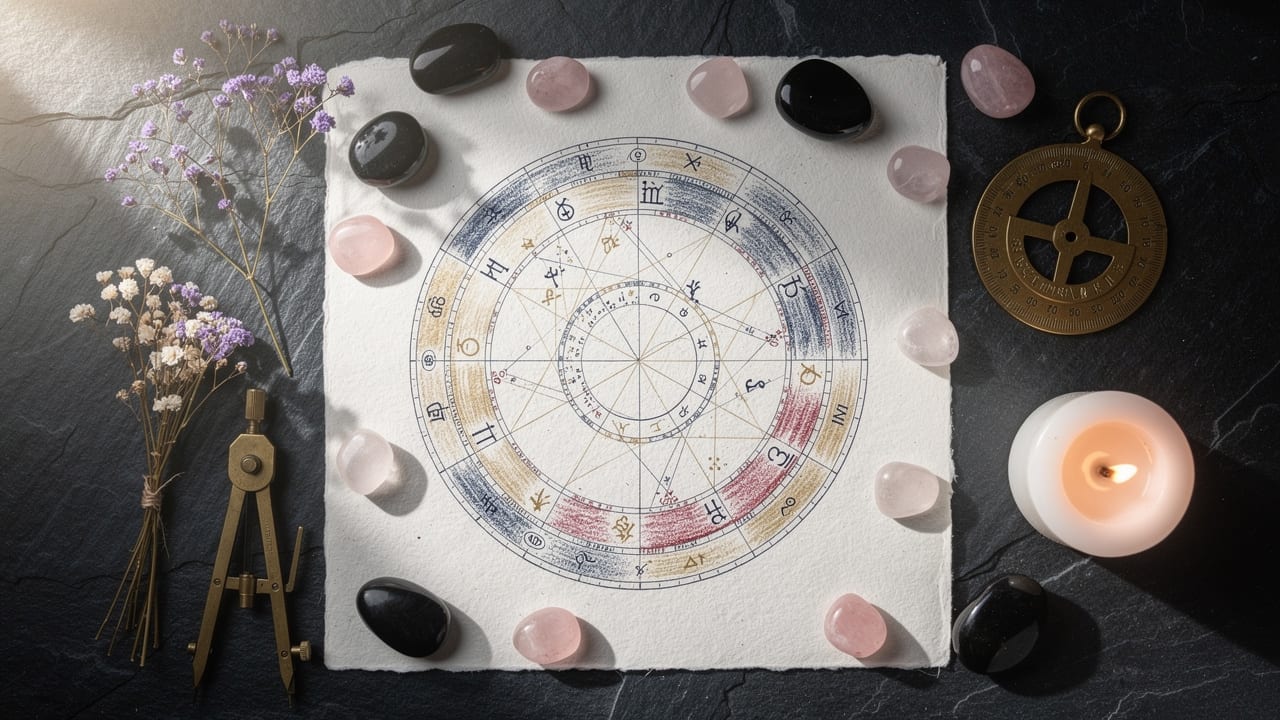 Detailed natal birth chart surrounded by crystals and tools
