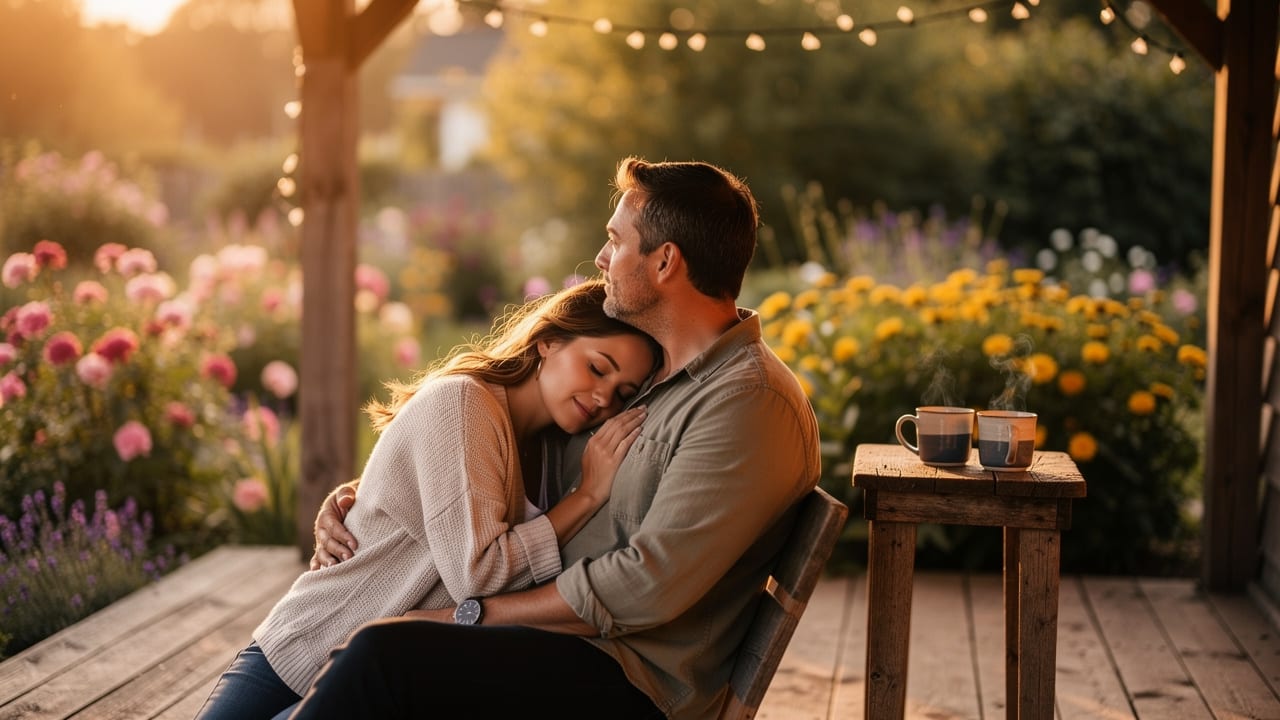 Couple sharing intimate moment on porch symbolizing love and relationship harmony