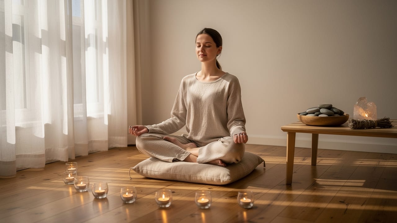 Person meditating peacefully in candlelit room embracing spiritual angelic guidance