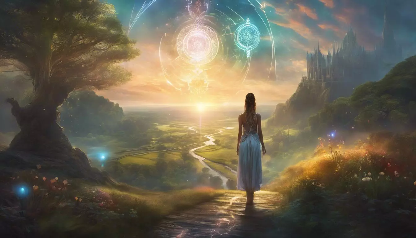 A young woman stands at a crossroads, looking towards a shining sunrise.