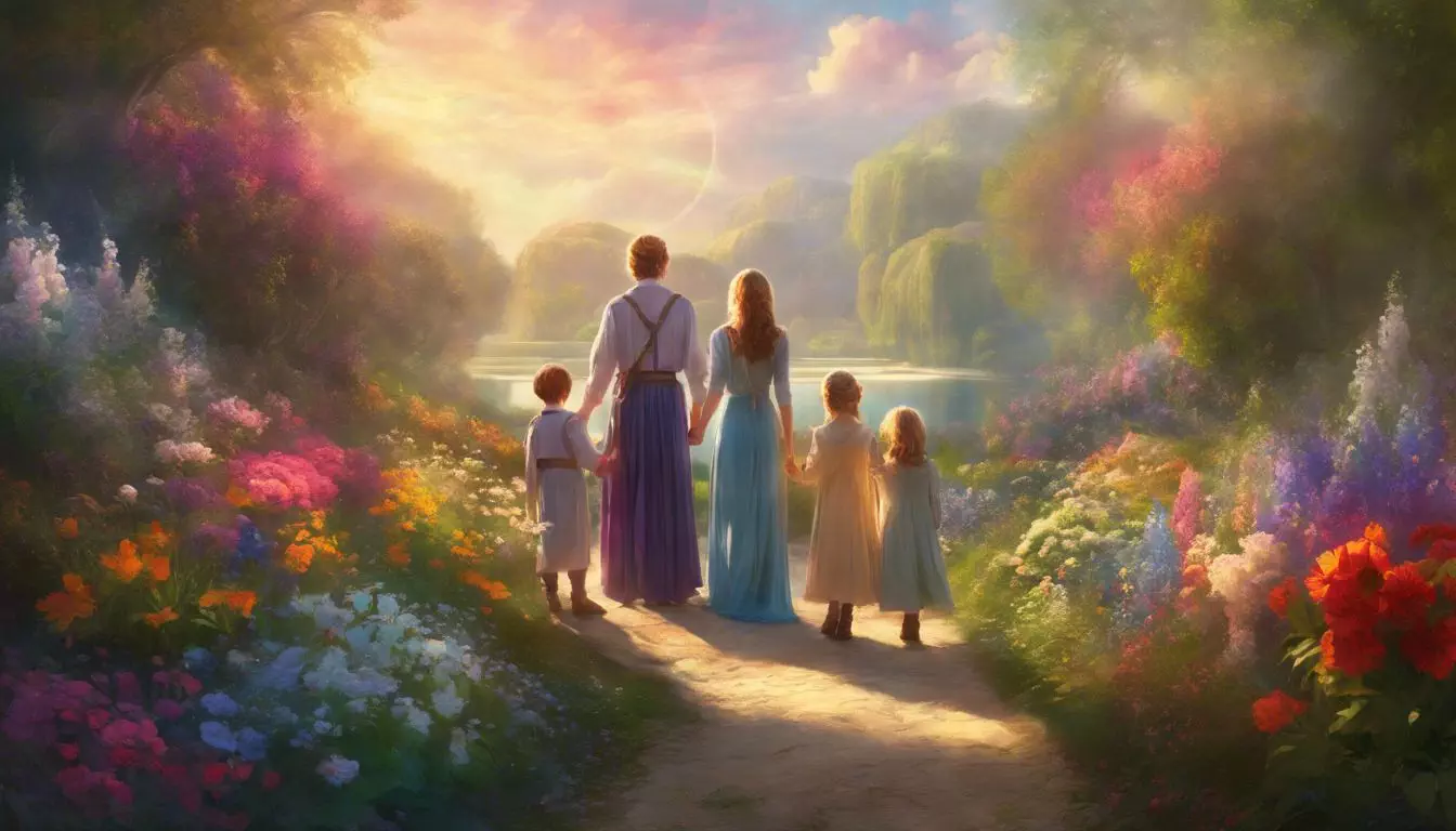 A family of four standing in a garden with a split path.