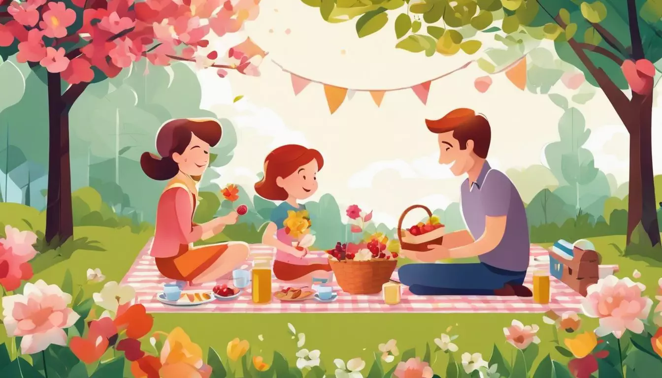 A family enjoying a picnic in a beautiful garden.