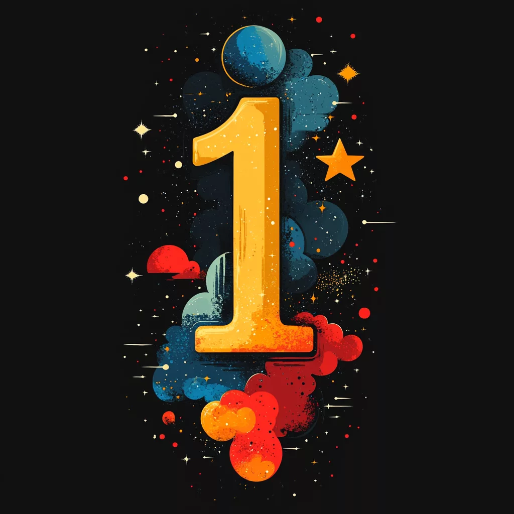 1 Digit Meaning featuring Golden number 1 with geometric stars and galaxies in flat design style.