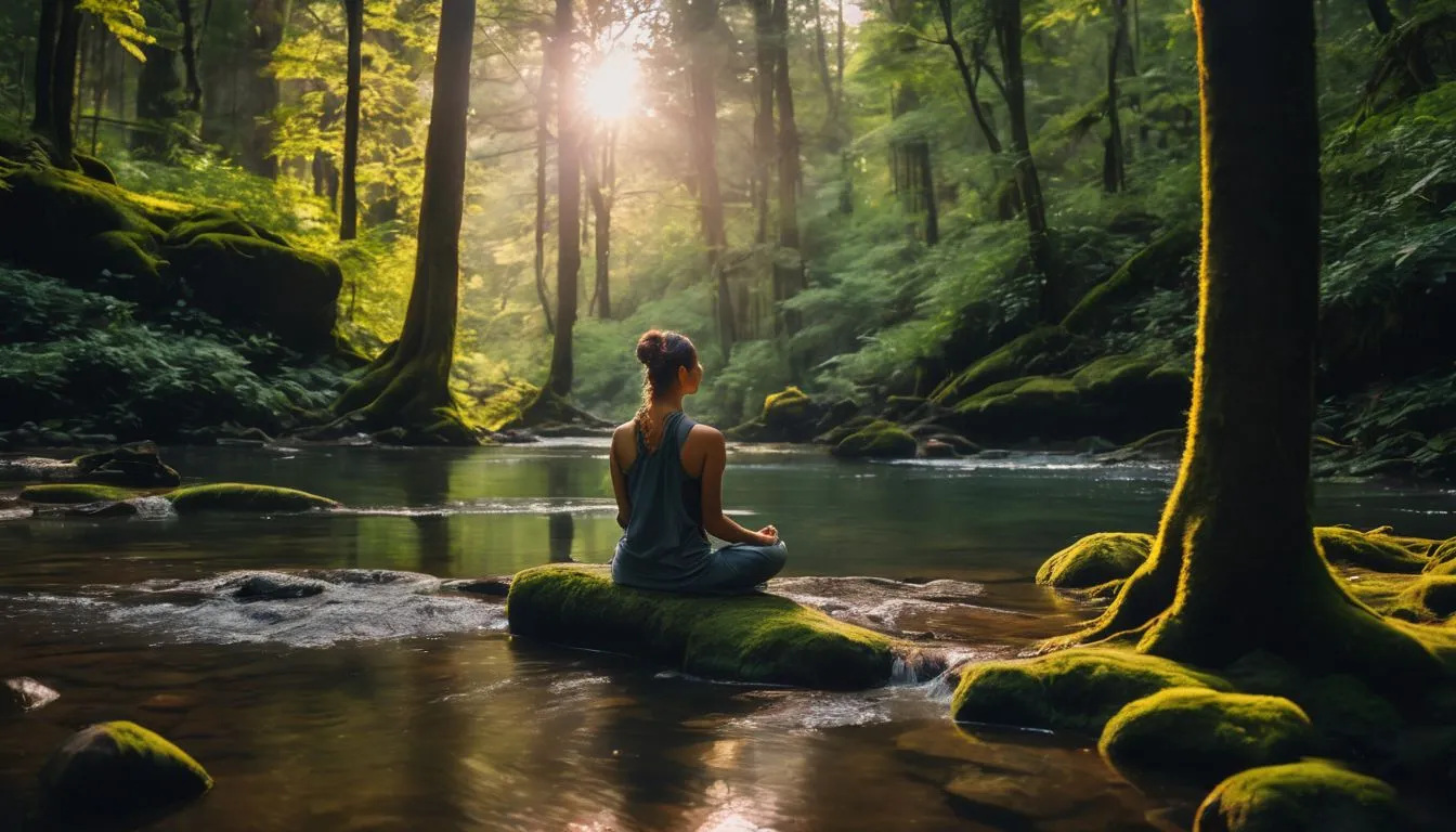 A person meditates alone in a serene forest surrounded by vibrant greenery.