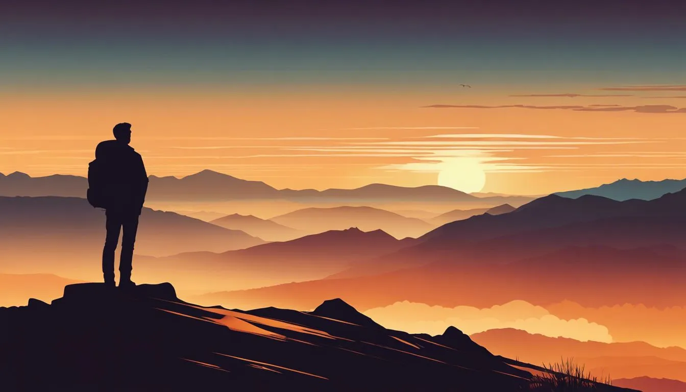 A lone figure standing on a mountain summit at sunrise. A lone figure standing on a mountain summit at sunrise.