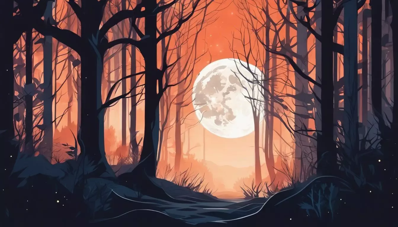 A mystical forest with eerie trees illuminated by a full moon.