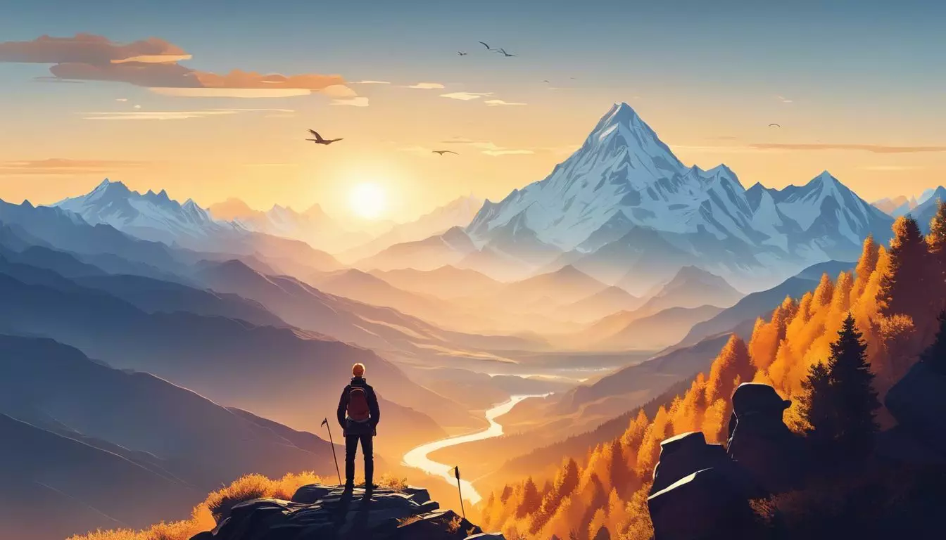 A person standing on a mountain peak at sunrise, surrounded by a majestic landscape.