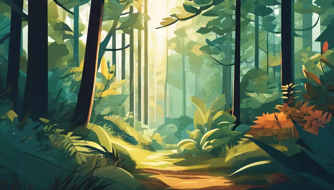 A flat design illustration of a serene, sunlit forest.