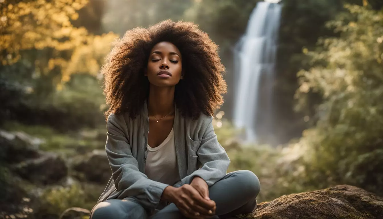 A person meditating in a peaceful natural setting with various poses.