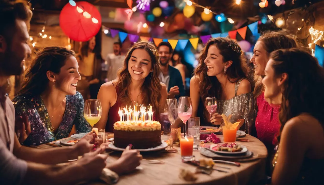 A diverse group of friends celebrating a vibrant birthday party together.