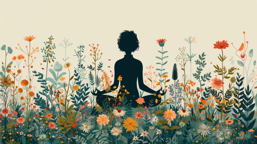 Flat design of a person meditating in a garden filled with 43 plants