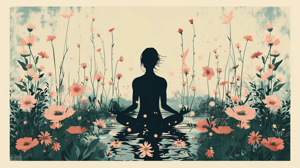 Flat design interpretation of a serene garden meditation