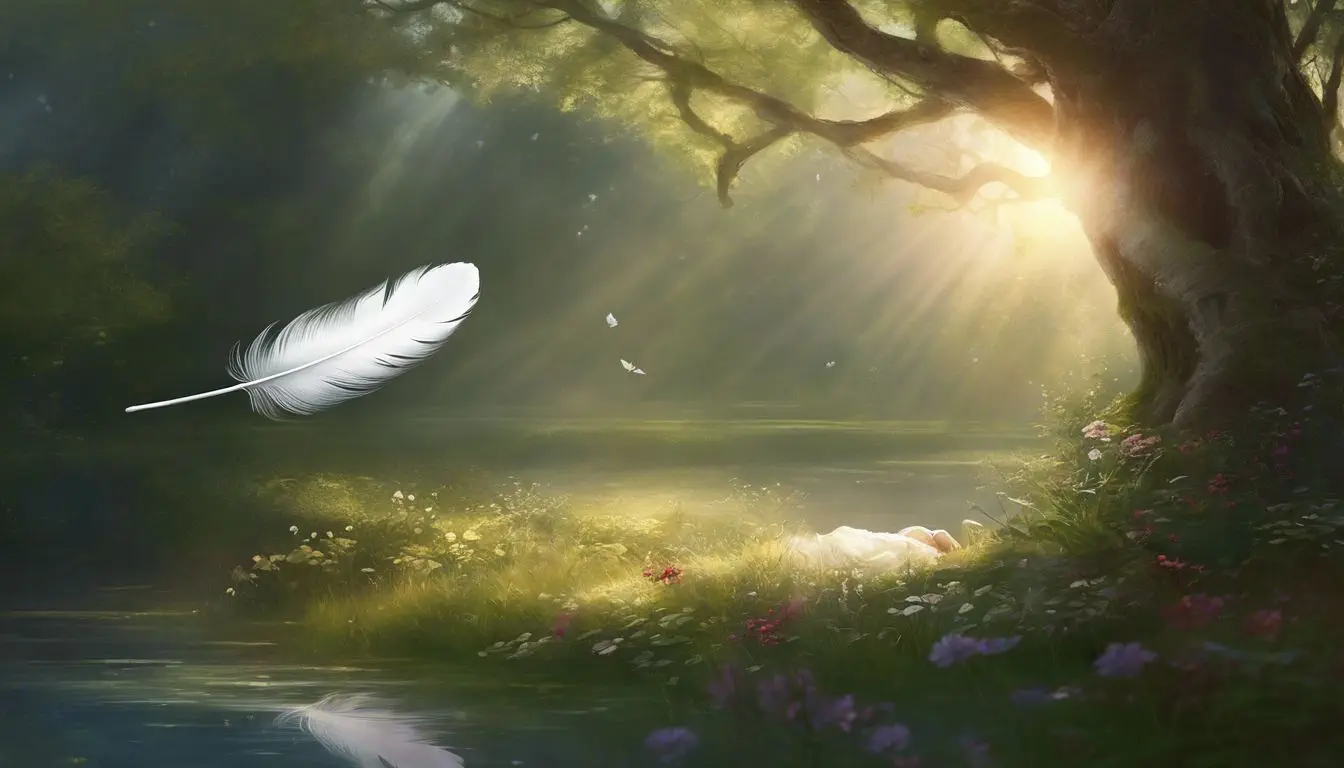 A peaceful garden scene with a drifting feather and a person.