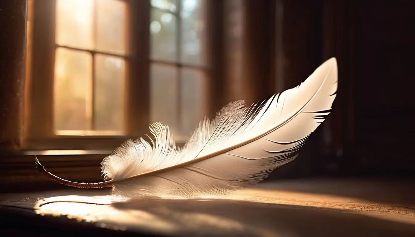 A single white feather gently drifts through the warm, simple air.