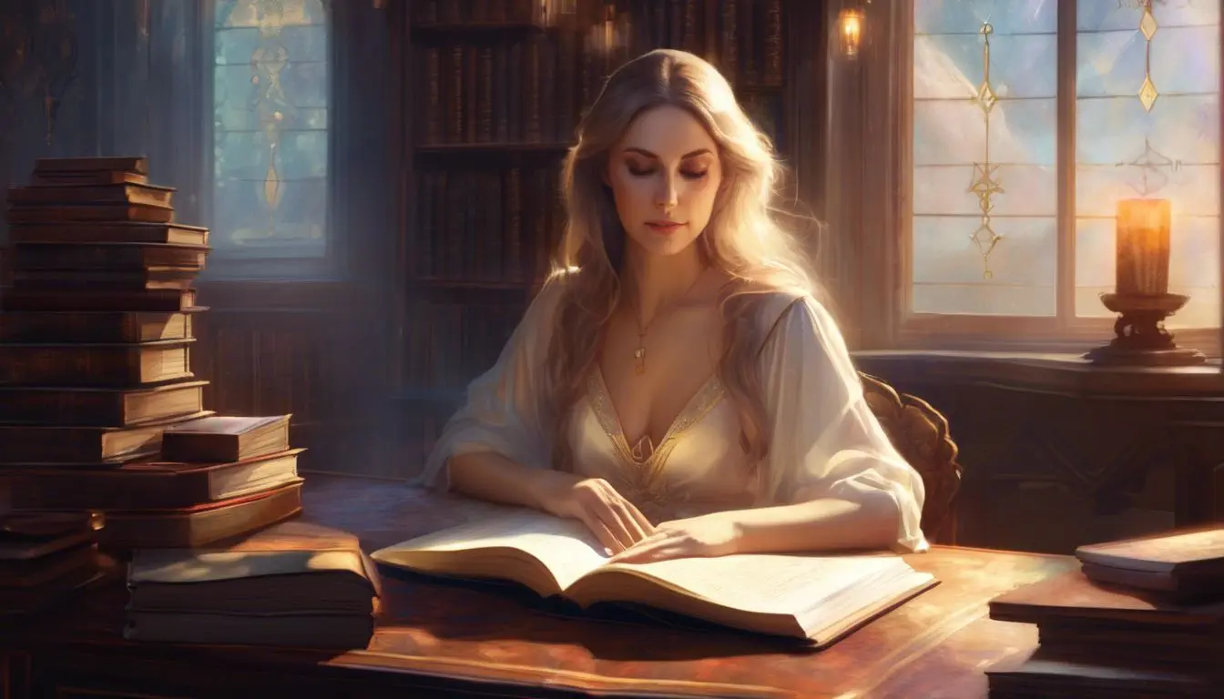 A woman sits in a room surrounded by books, with a numerology chart and spiritual symbols. A woman sits in a room surrounded by books, with a numerology chart and spiritual symbols.
