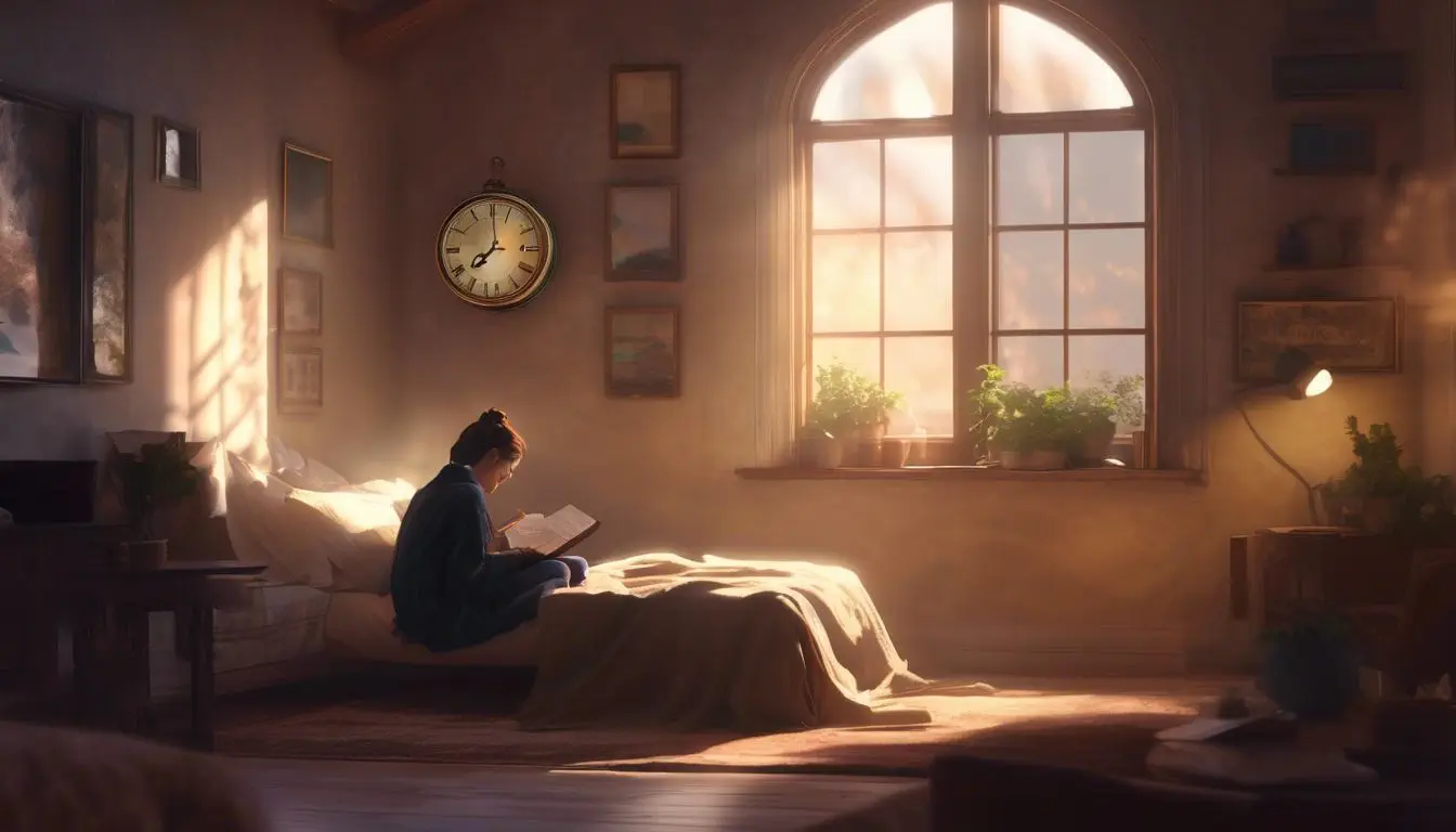 A person in their 30s sits in a cozy room, looking at a wall clock. A person in their 30s sits in a cozy room, looking at a wall clock.