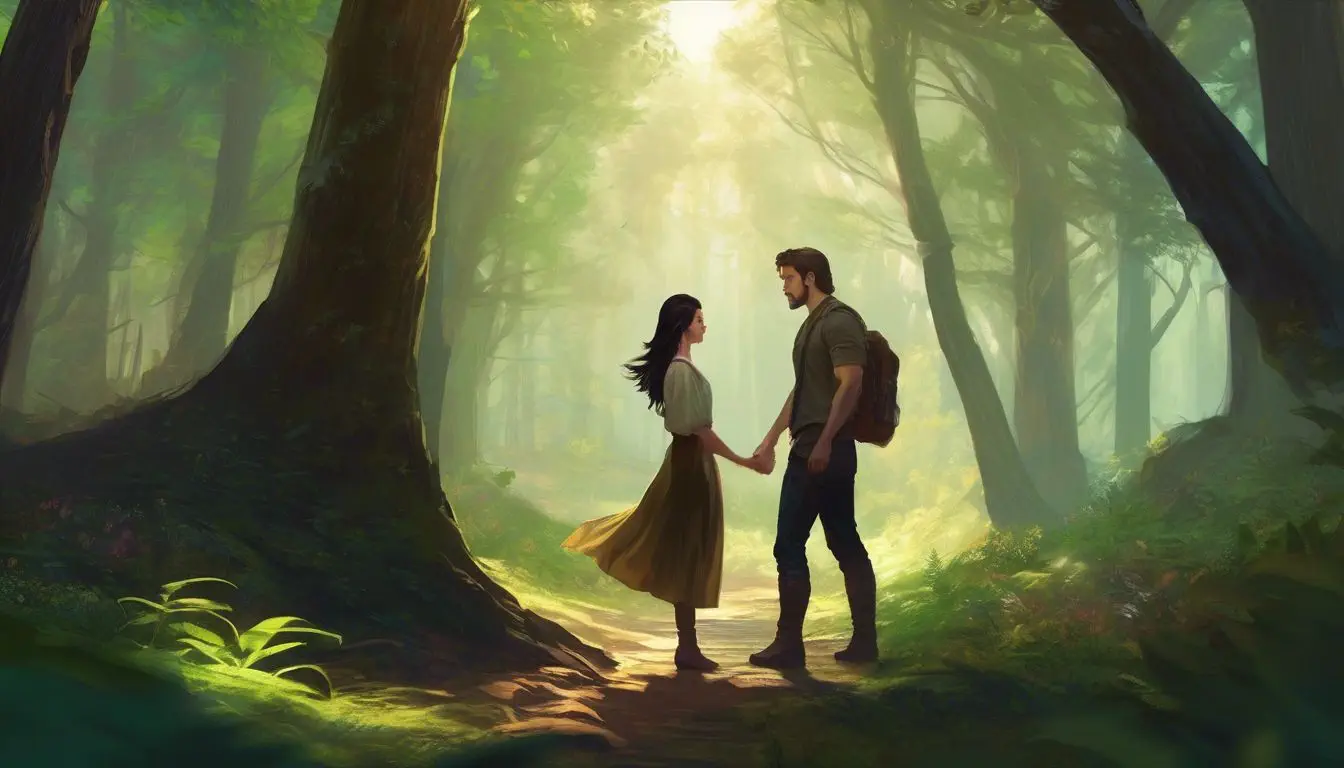 A couple in a peaceful forest clearing with integrated numbers. A couple in a peaceful forest clearing with integrated numbers.