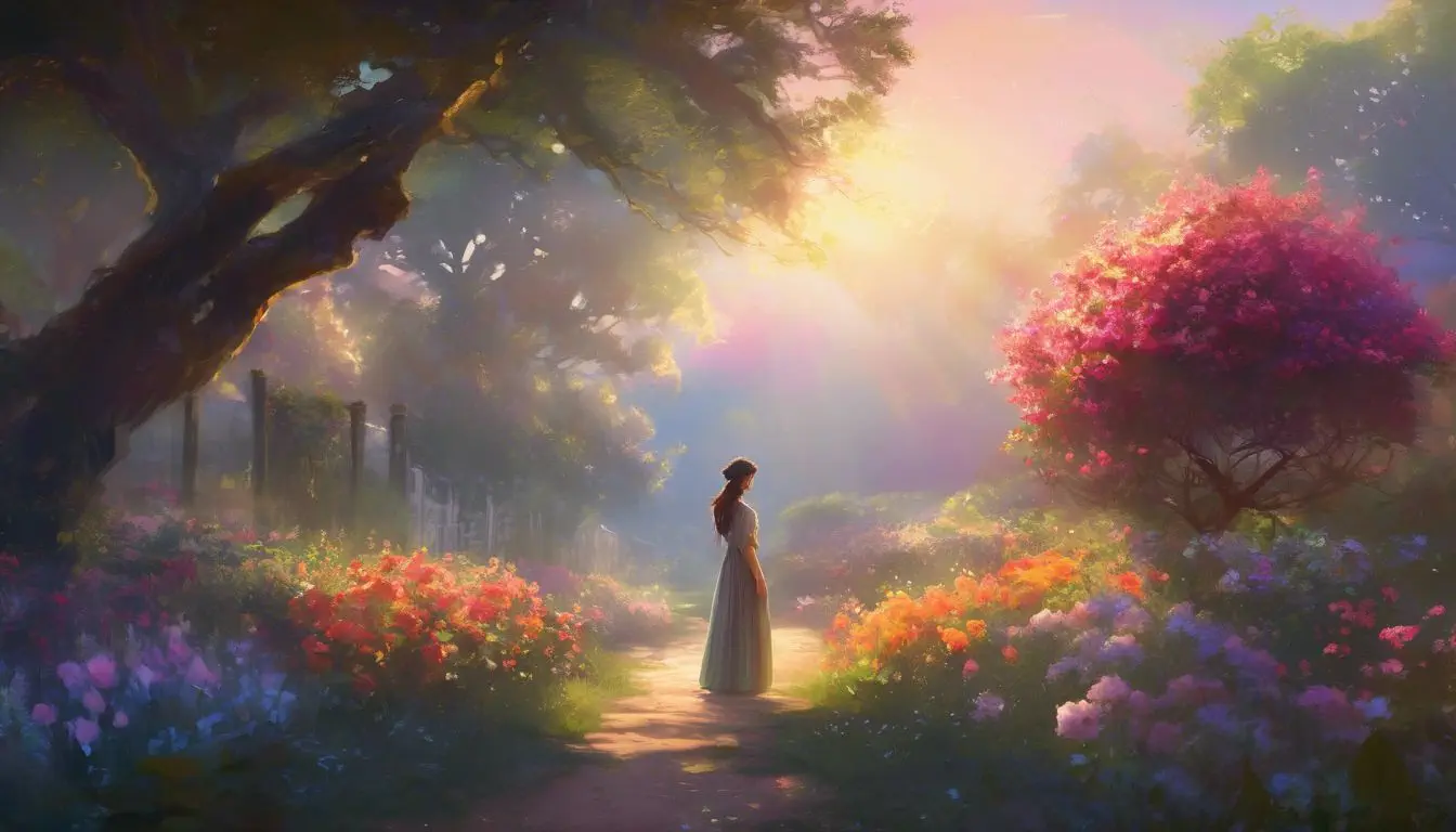 A person standing in a peaceful garden at sunrise with blooming flowers.