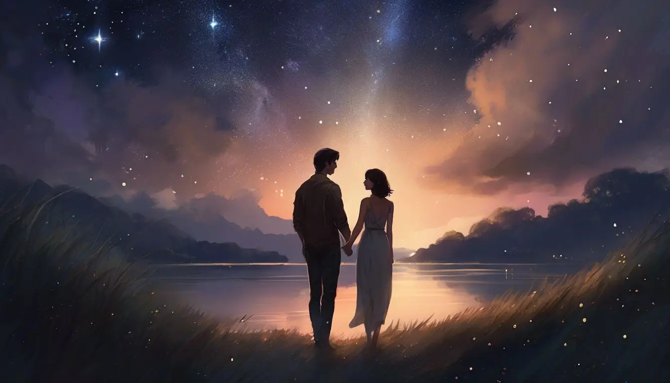 A couple holding hands under the starry night sky.