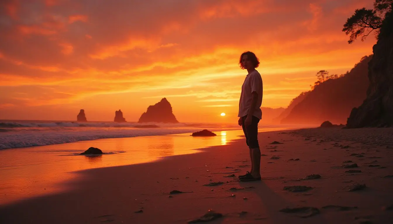 A solitary figure reflects on a tranquil beach at sunset. A solitary figure reflects on a tranquil beach at sunset.