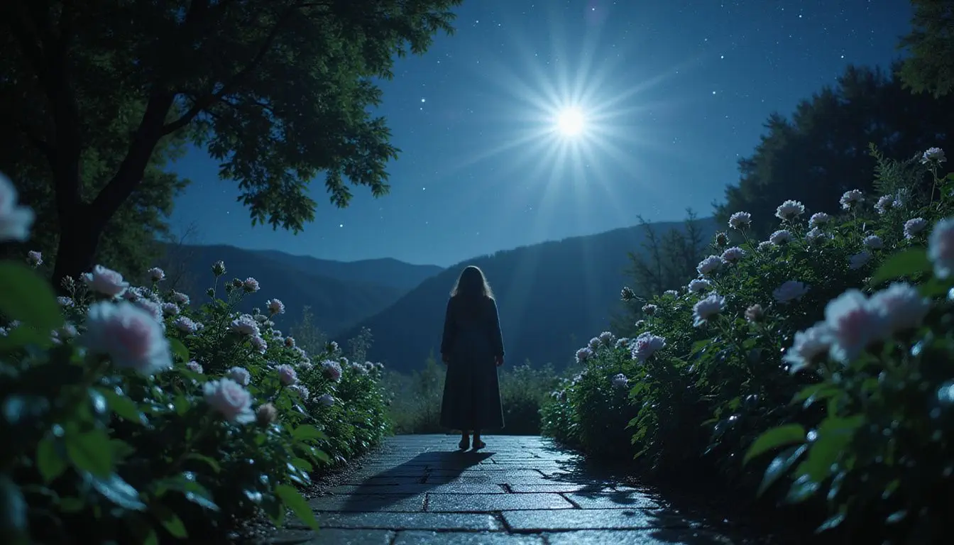 A tranquil garden at night evokes serene solitude and deep reflection. A tranquil garden at night evokes serene solitude and deep reflection.