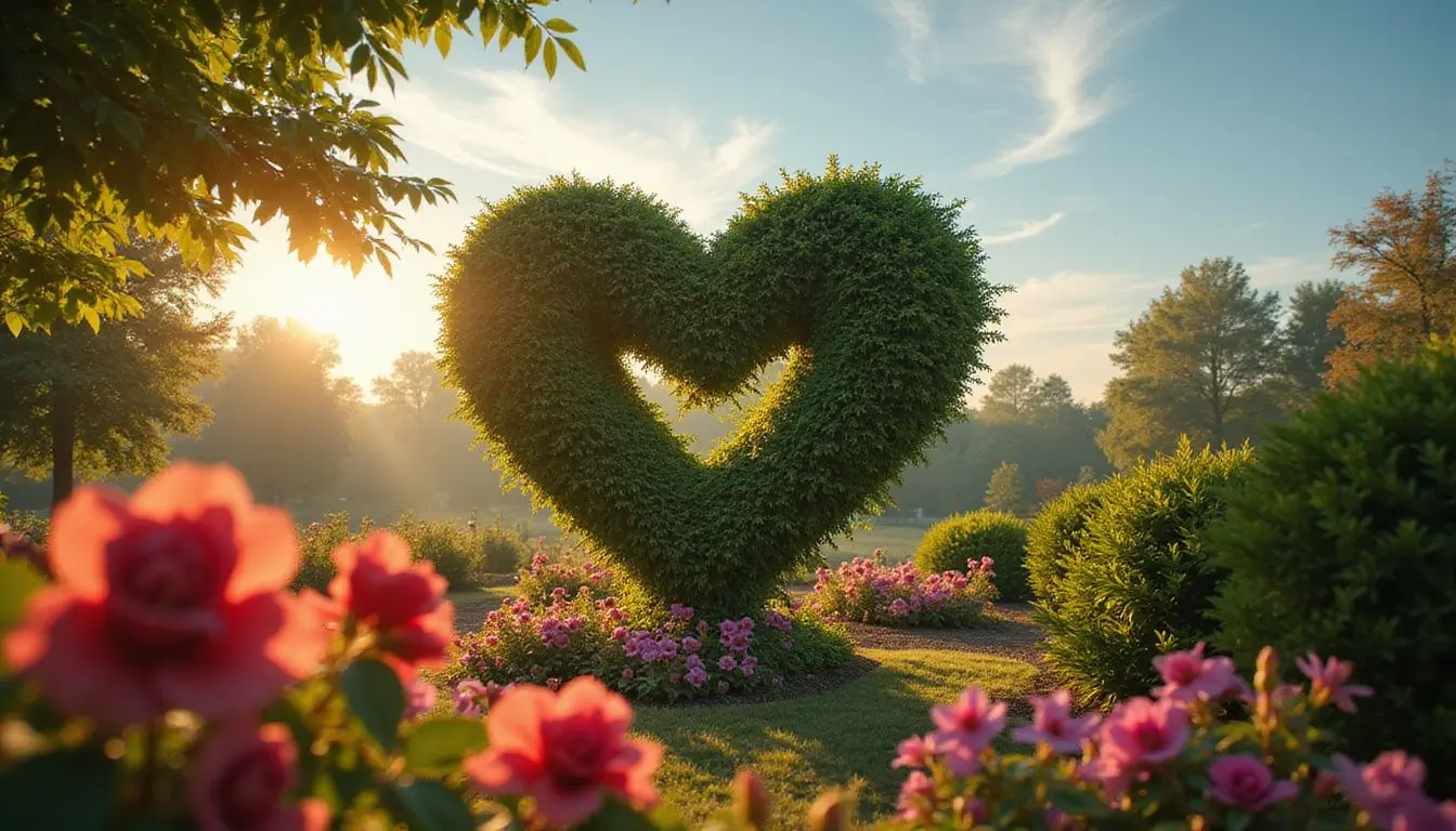 A heart-shaped topiary surrounded by vibrant flowers in a serene garden. A heart-shaped topiary surrounded by vibrant flowers in a serene garden.