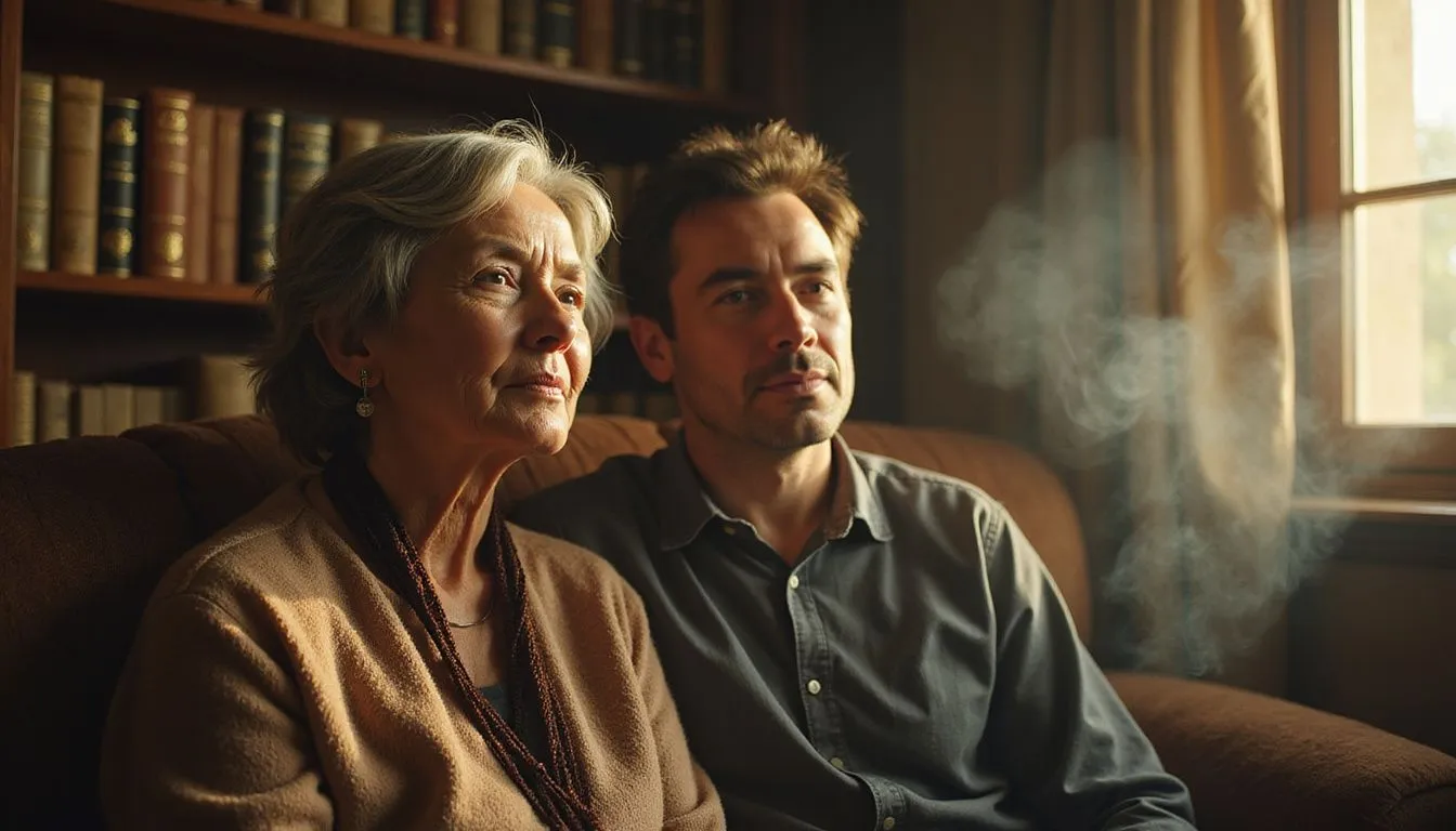 An older woman and a man share a profound, intimate conversation. An older woman and a man share a profound, intimate conversation.