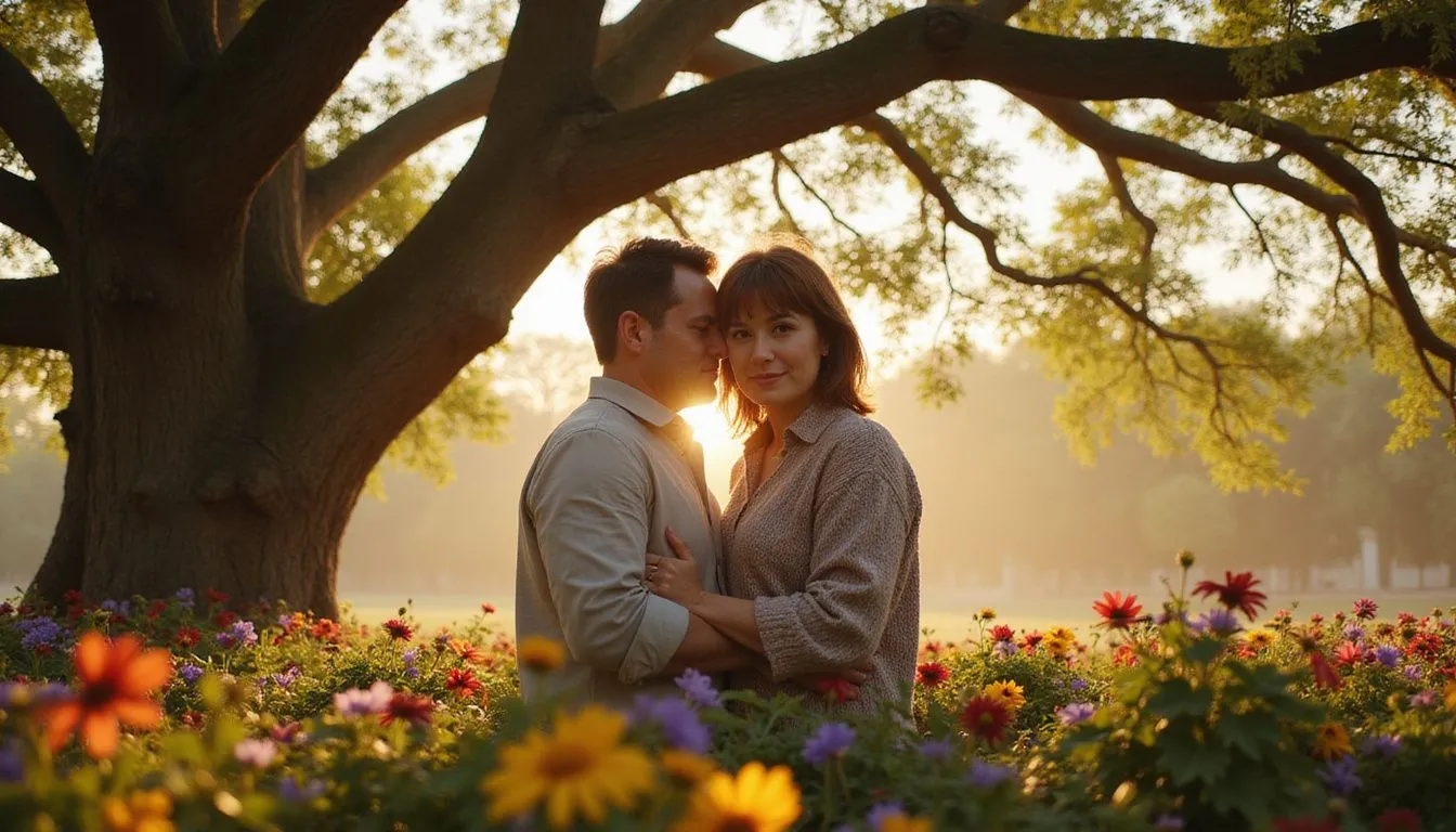 A loving couple stands together beneath a majestic oak tree. A loving couple stands together beneath a majestic oak tree.