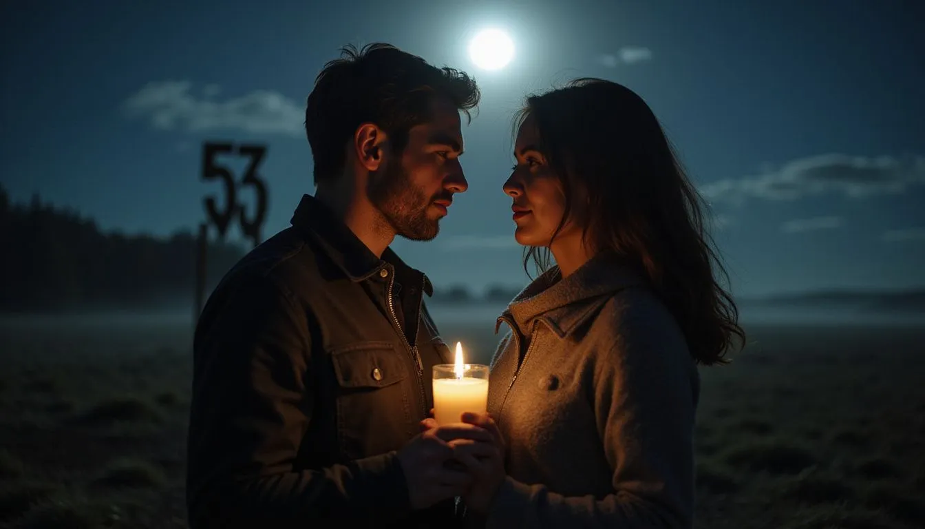 A couple shares a profound, intimate moment under the full moon. A couple shares a profound, intimate moment under the full moon.