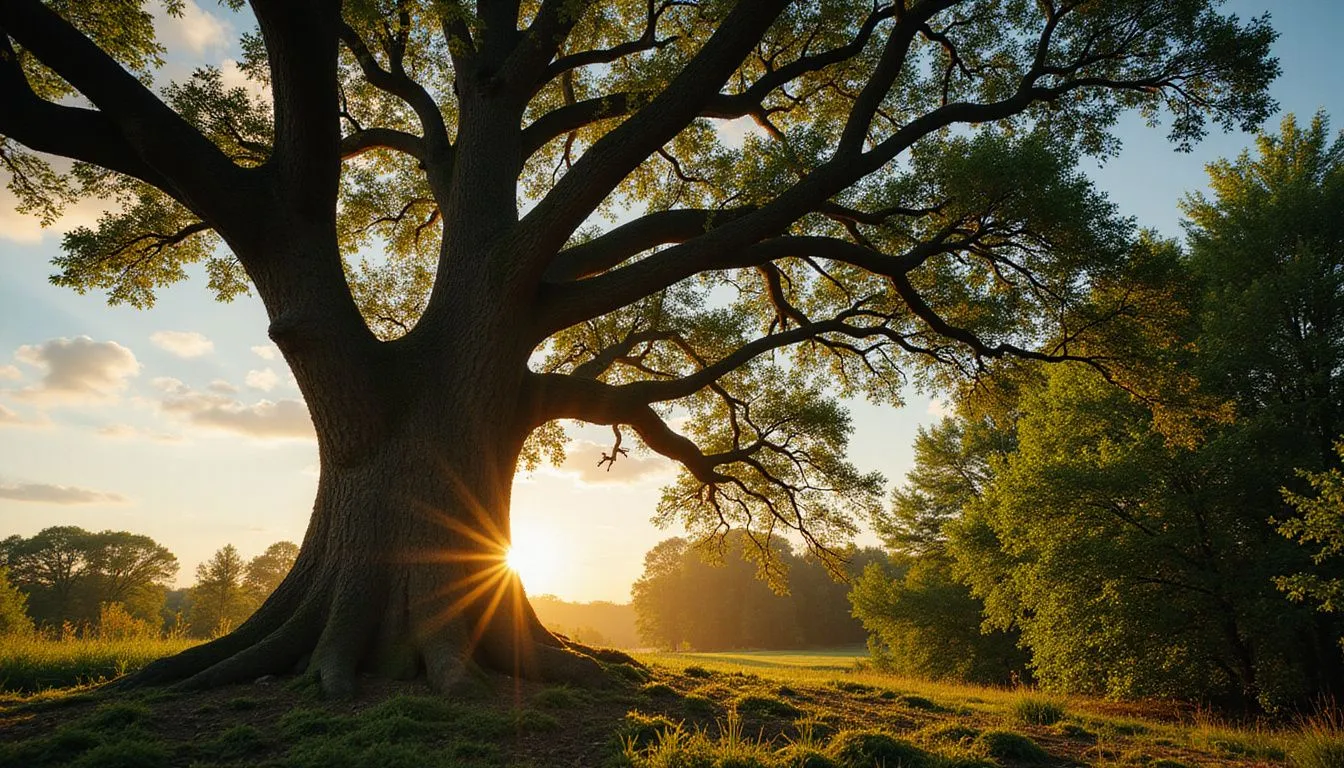 A majestic oak tree stands resilient amid a lush forest backdrop. A majestic oak tree stands resilient amid a lush forest backdrop.