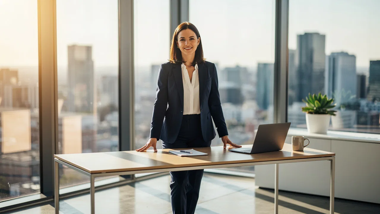 Confident professional woman in office symbolizing career growth and abundance