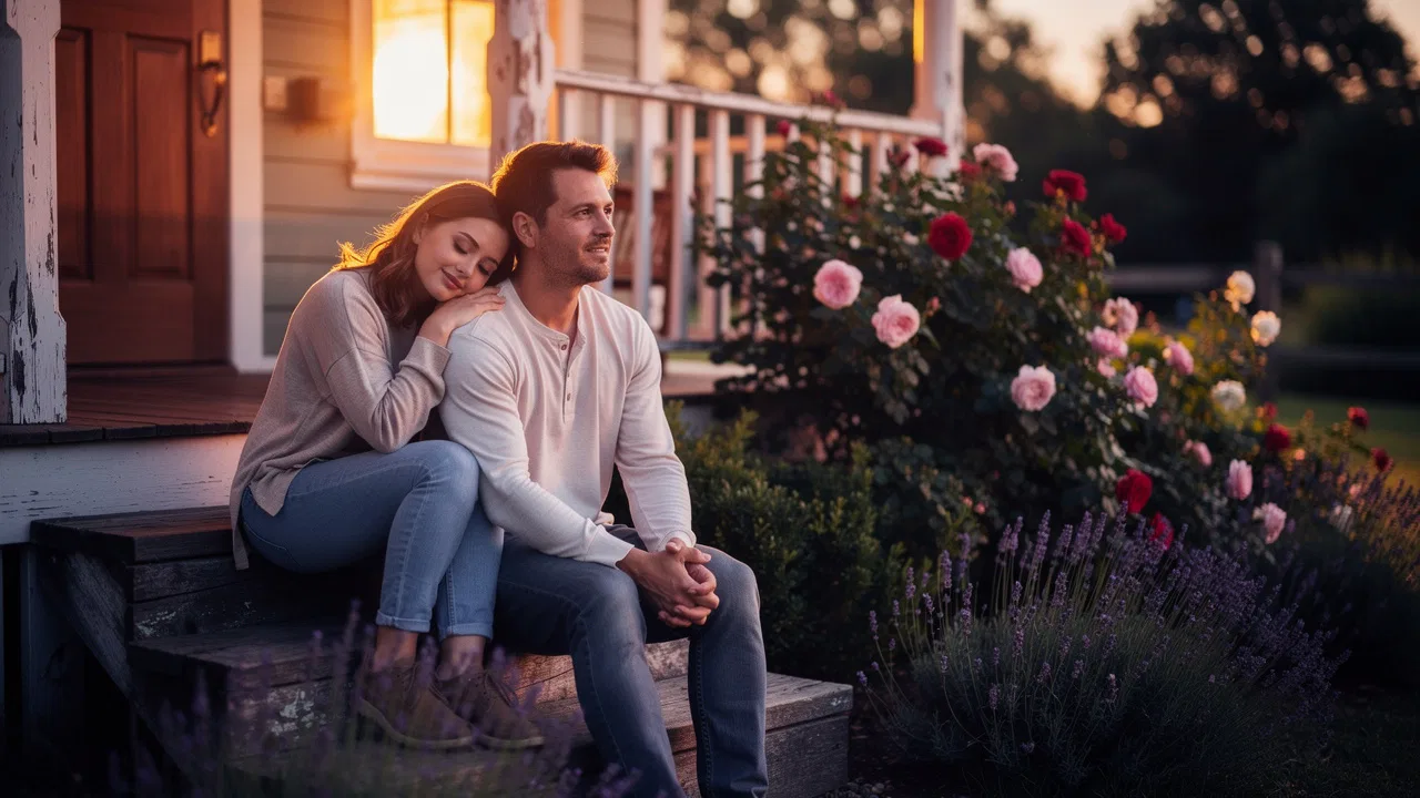 Couple sitting together on porch at dusk conveying deep love