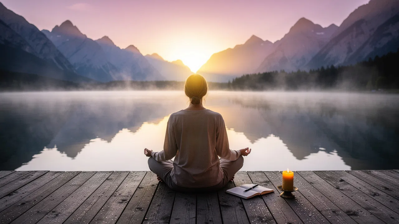 Person meditating at sunrise by mountain lake with open journal