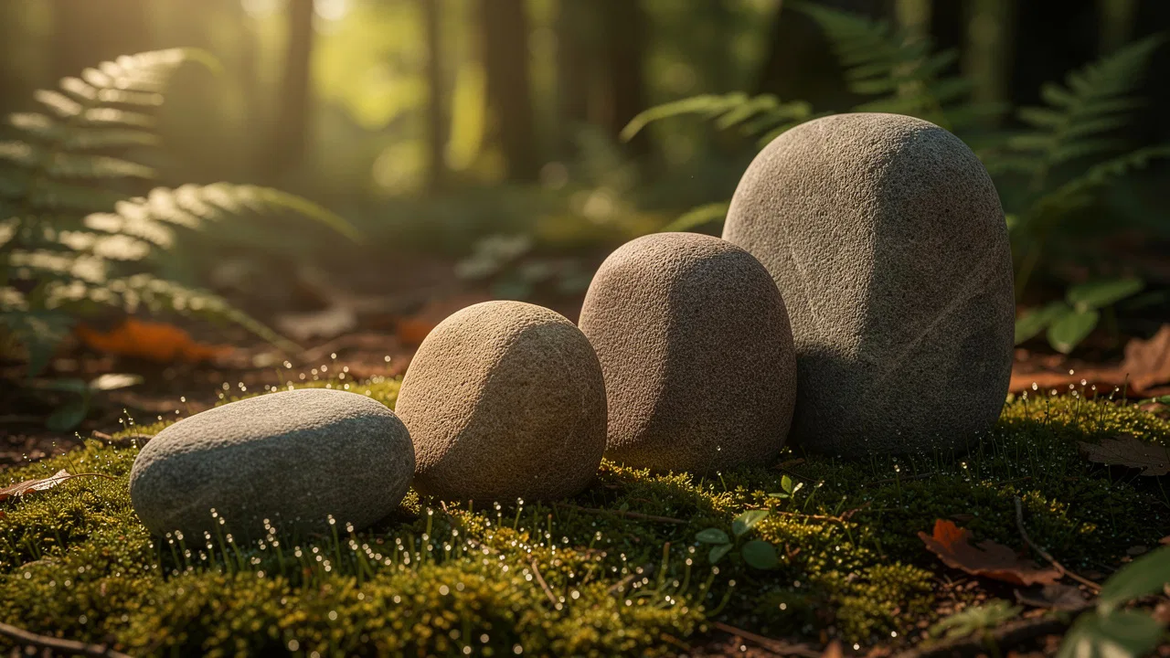 Four ascending stones on mossy forest floor representing spiritual progression
