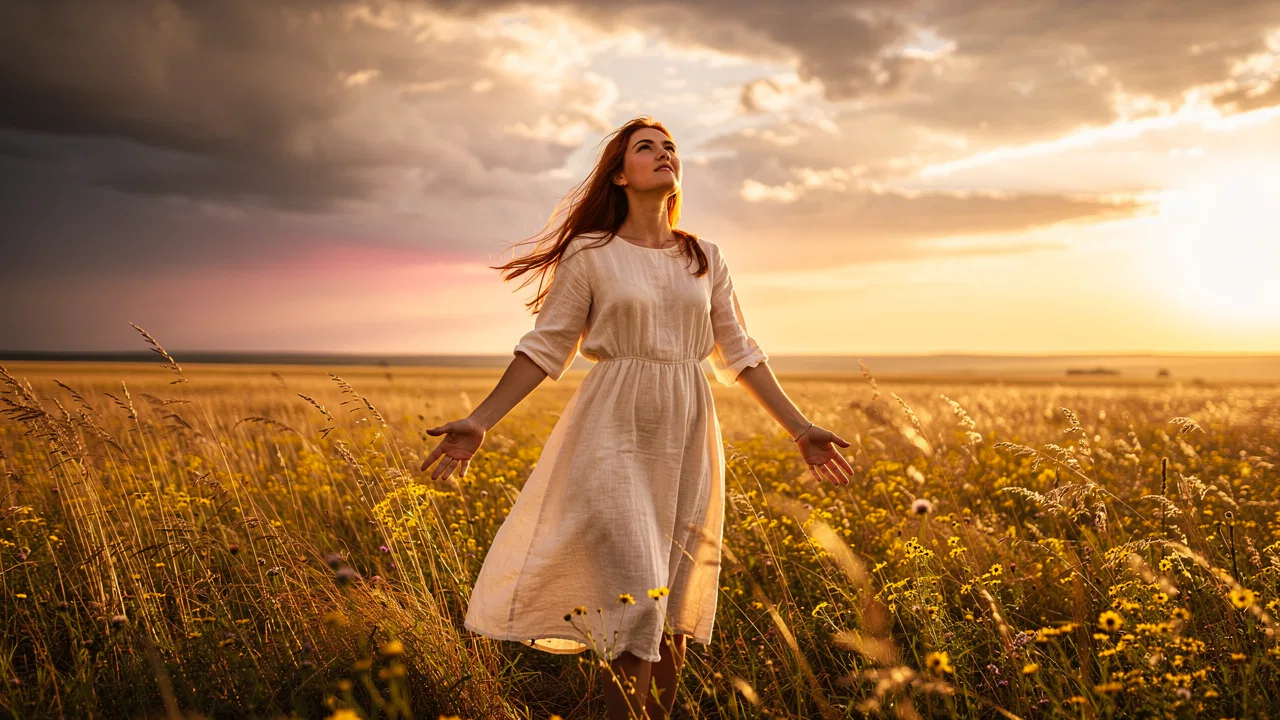 Woman embracing change standing in golden field at sunset
